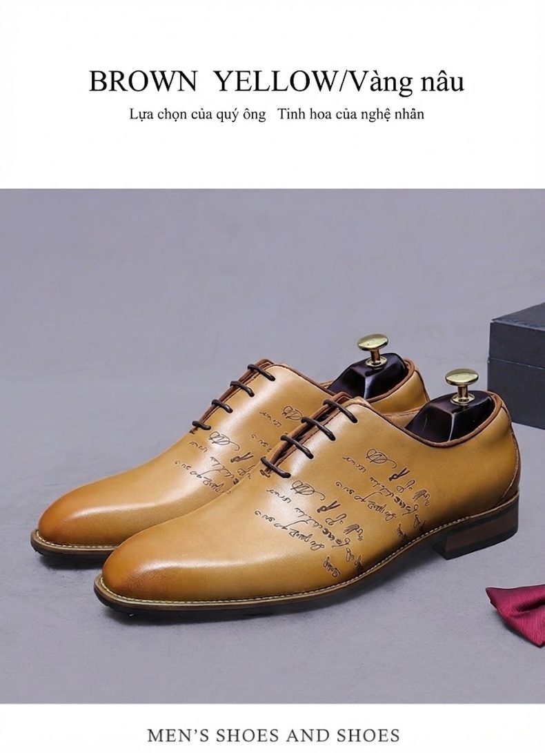Giày Tây Buộc Dây Nam Da Bò Họa Tiết Chiều Cao Đế Khoảng 3cm Màu Nâu, Đen chi tiết 4