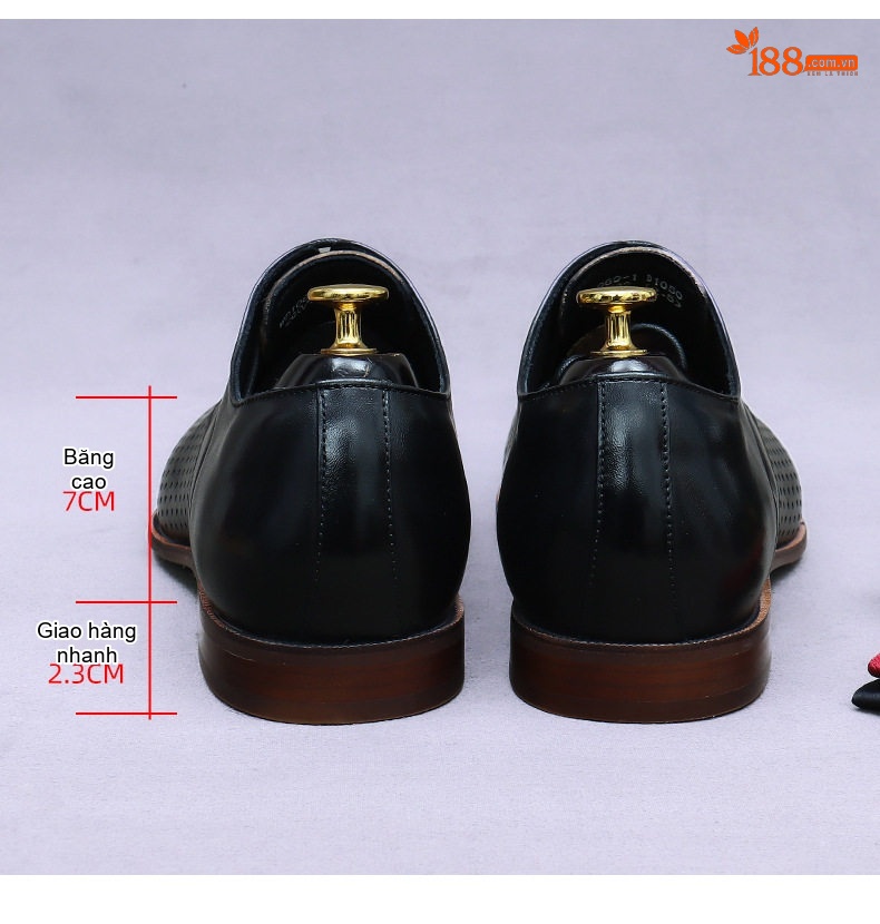 Giày Tây Buộc Dây Nam Da Bò Lỗ Thoáng Khí Chiều Cao Đế Khoảng 3cm Màu Đen, Vàng chi tiết 13