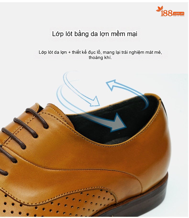Giày Tây Buộc Dây Nam Da Bò Lỗ Thoáng Khí Chiều Cao Đế Khoảng 3cm Màu Nâu, Đen chi tiết 9