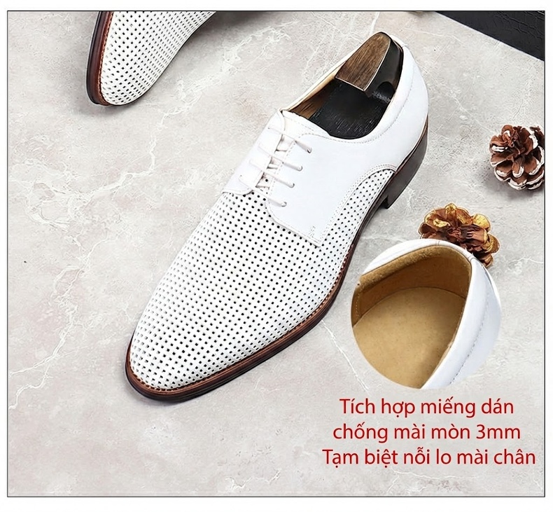 Giày Tây Buộc Dây Nam Da Bò Lỗ Thoáng Khí Chiều Cao Đế Khoảng 3cm Màu Trắng chi tiết 4
