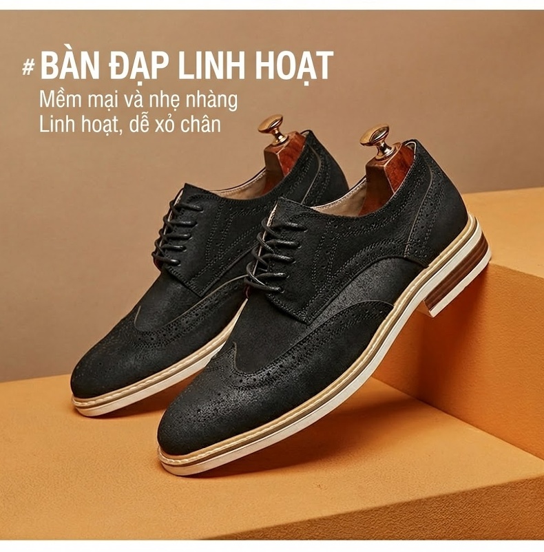 Giày Tây Buộc Dây Nam Da Bò Lộn Brogue Chiều Cao Đế Khoảng 3cm Màu Nâu, Đen chi tiết 2
