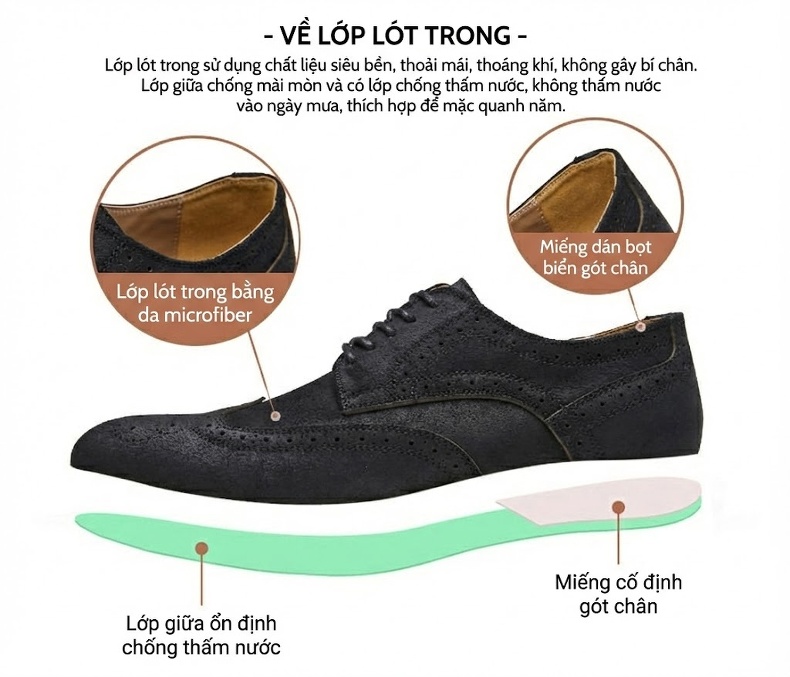 Giày Tây Buộc Dây Nam Da Bò Lộn Brogue Chiều Cao Đế Khoảng 3cm Màu Nâu, Đen chi tiết 4