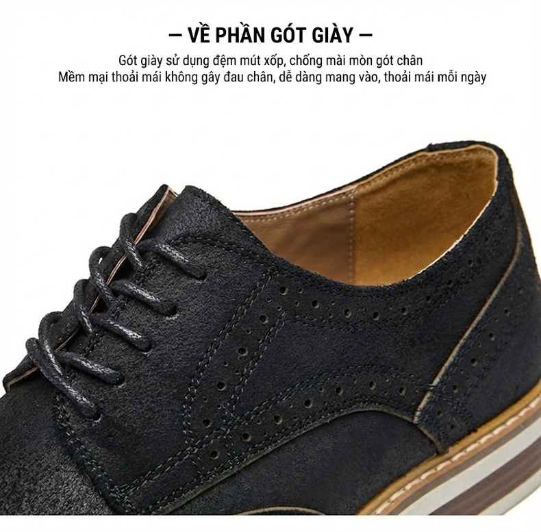 Giày Tây Buộc Dây Nam Da Bò Lộn Brogue Chiều Cao Đế Khoảng 3cm Màu Nâu, Đen chi tiết 5