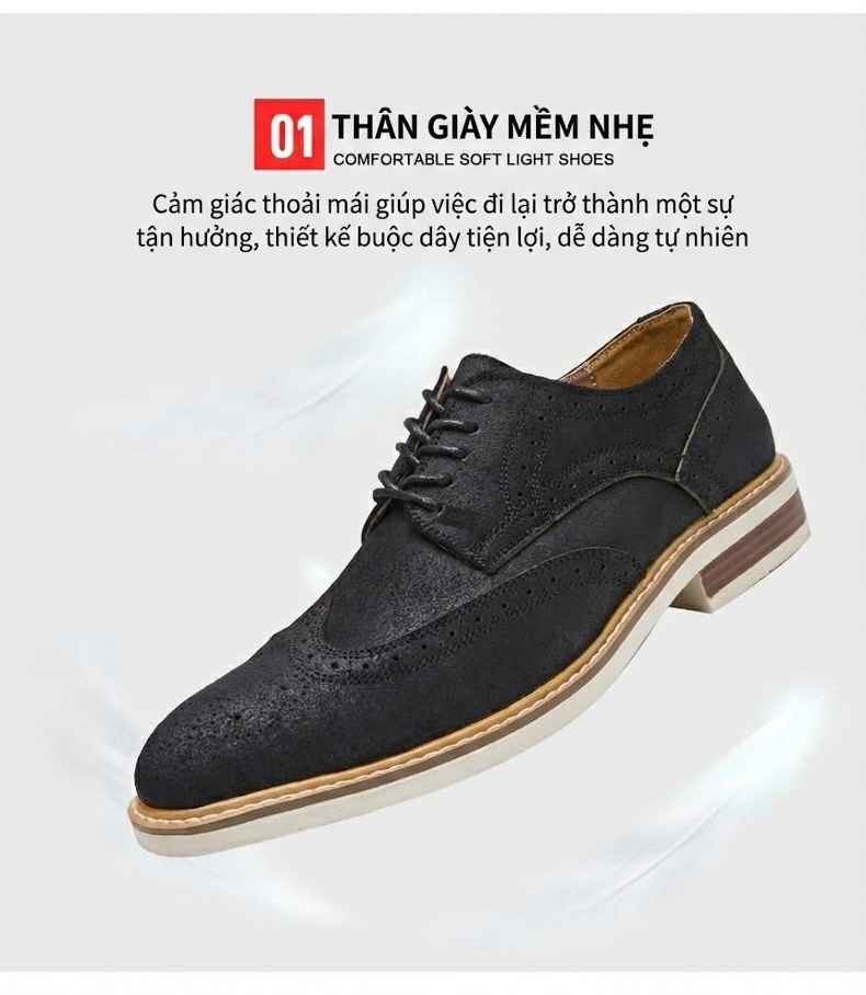 Giày Tây Buộc Dây Nam Da Bò Lộn Brogue Chiều Cao Đế Khoảng 3cm Màu Nâu, Đen chi tiết 6
