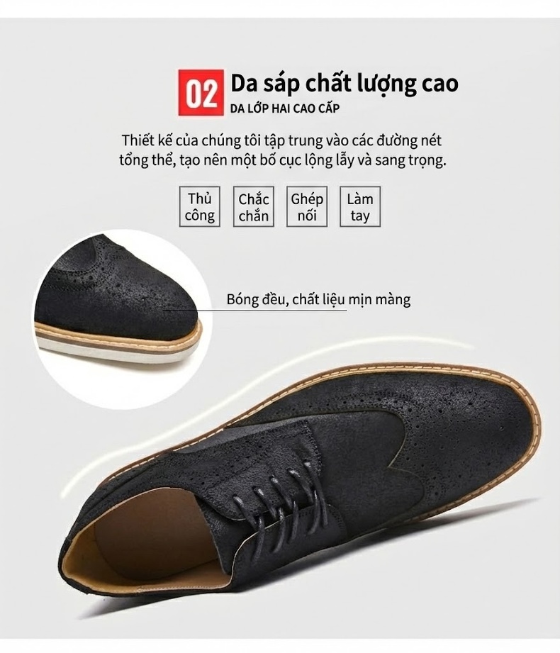 Giày Tây Buộc Dây Nam Da Bò Lộn Brogue Chiều Cao Đế Khoảng 3cm Màu Nâu, Đen chi tiết 7