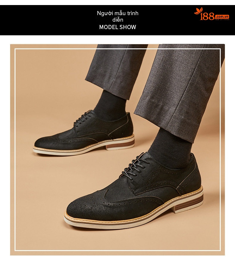 Giày Tây Buộc Dây Nam Da Bò Lộn Brogue Chiều Cao Đế Khoảng 3cm Màu Nâu, Đen chi tiết 9