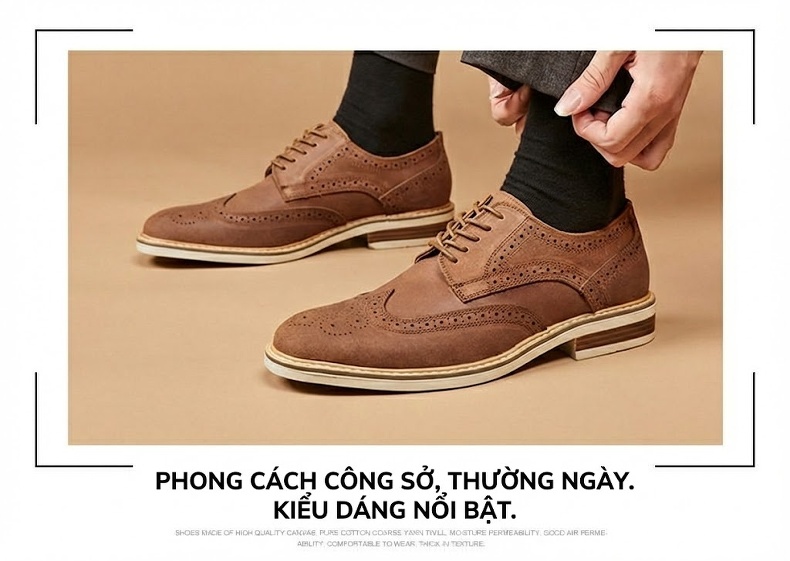 Giày Tây Buộc Dây Nam Da Bò Lộn Brogue Chiều Cao Đế Khoảng 3cm Màu Nâu, Đen chi tiết 12