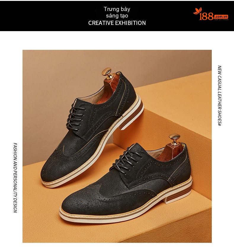 Giày Tây Buộc Dây Nam Da Bò Lộn Brogue Chiều Cao Đế Khoảng 3cm Màu Nâu, Đen chi tiết 14