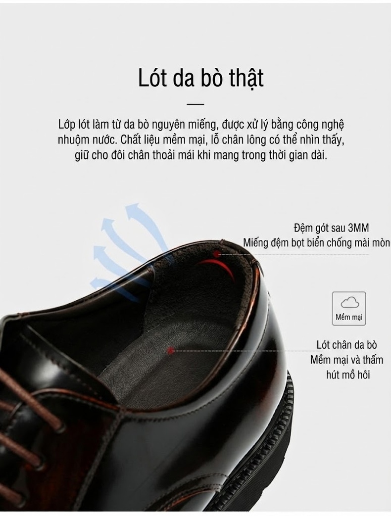 Giày Tây Buộc Dây Nam Da Bò Lớp Đầu Chiều Cao Đế Khoảng 3.5cm Màu Đen, Nâu Đỏ chi tiết 9