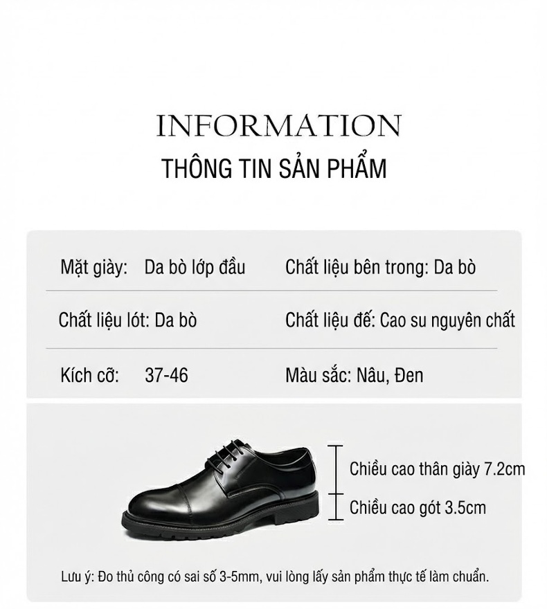 Giày Tây Buộc Dây Nam Da Bò Lớp Đầu Chiều Cao Đế Khoảng 3.5cm Màu Đen, Nâu Đỏ chi tiết 11