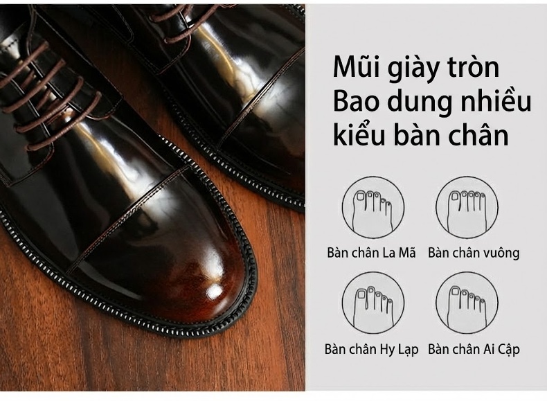 Giày Tây Buộc Dây Nam Da Bò Lớp Đầu Chiều Cao Đế Khoảng 3.5cm Màu Đen, Nâu Đỏ chi tiết 6