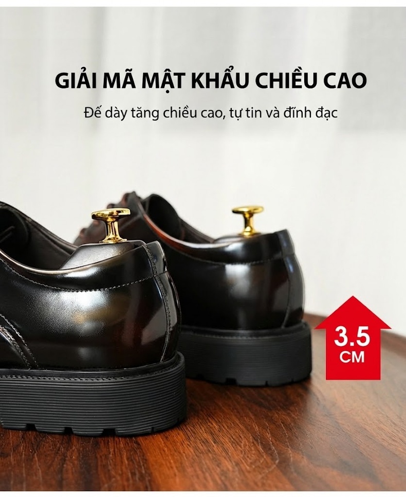Giày Tây Buộc Dây Nam Da Bò Lớp Đầu Chiều Cao Đế Khoảng 3.5cm Màu Đen, Nâu Đỏ chi tiết 4