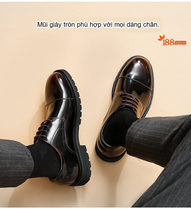Giày Tây Buộc Dây Nam Da Bò Lớp Đầu Chiều Cao Đế Khoảng 3.5cm Màu Đen, Nâu Đỏ chi tiết 5