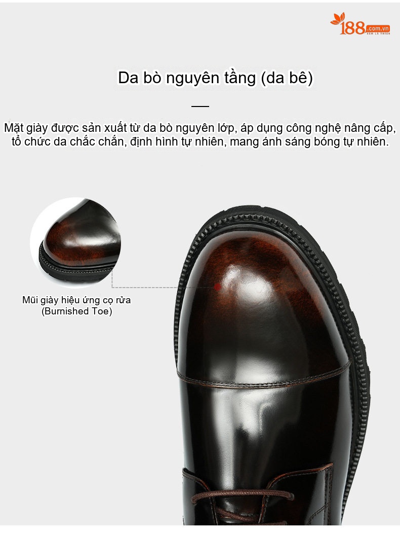 Giày Tây Buộc Dây Nam Da Bò Lớp Đầu Chiều Cao Đế Khoảng 3.5cm Màu Đen, Nâu Đỏ chi tiết 8