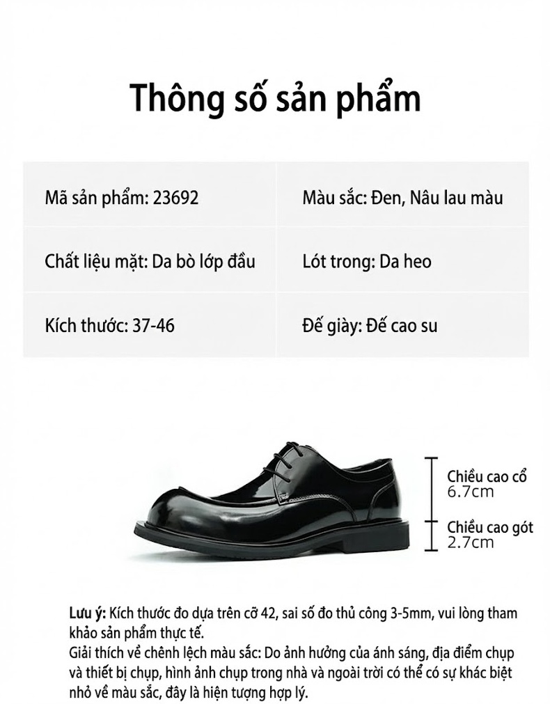 Giày Tây Buộc Dây Nam Da Bò Mặt Bóng Chiều Cao Đế Khoảng 3cm Màu Đen, Nâu chi tiết 2