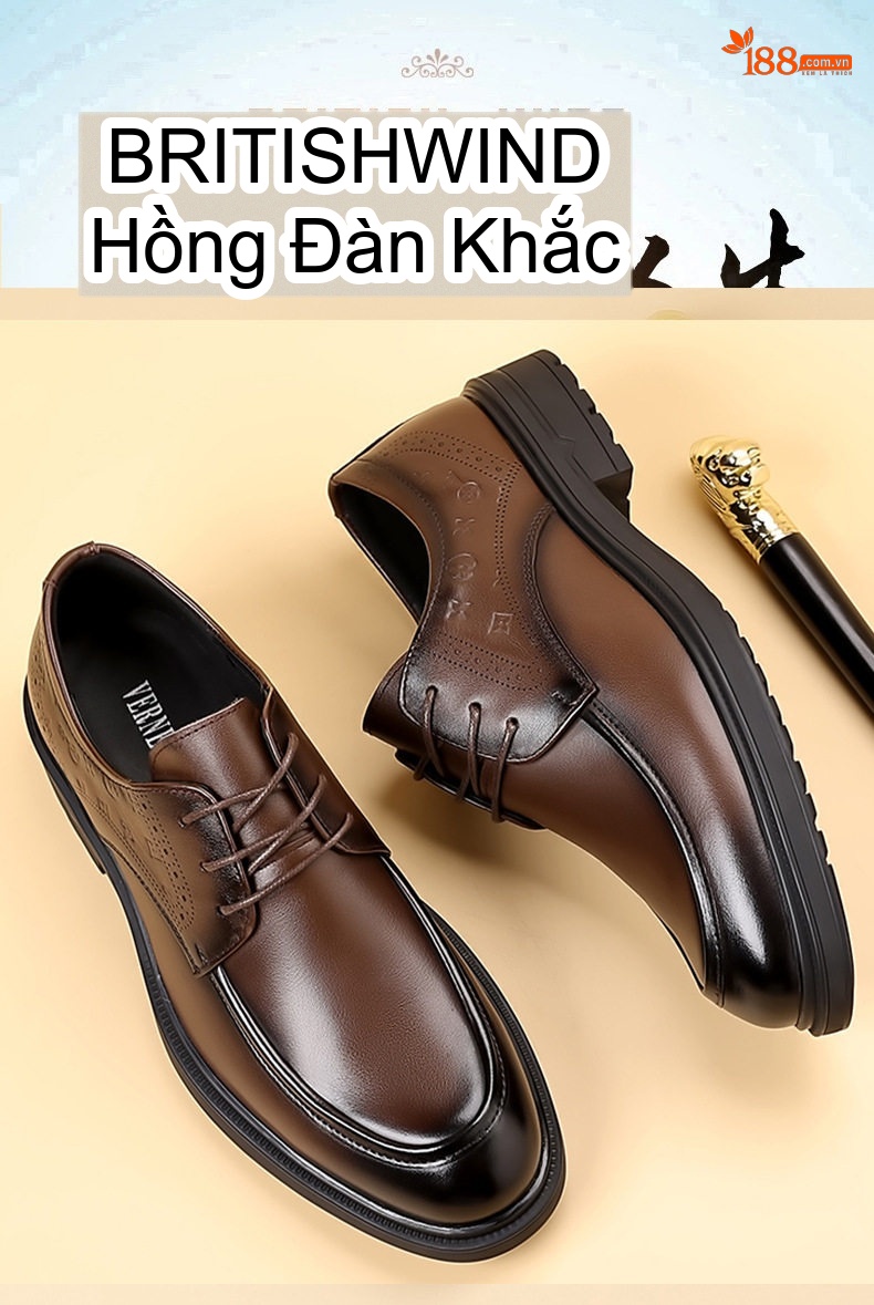 Giày Tây Buộc Dây Nam Da Bò Mềm Chiều Cao Đế Khoảng 3cm Màu Đen, Nâu chi tiết 1