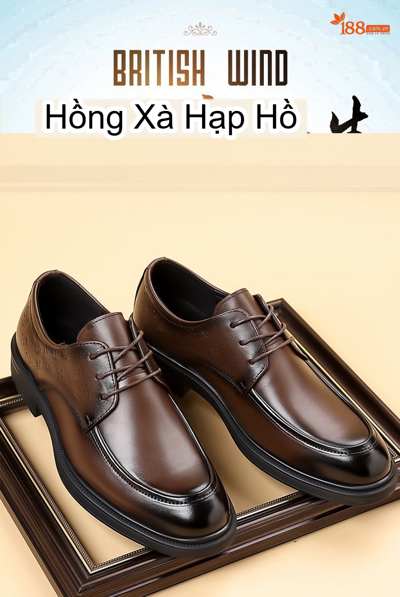 Giày Tây Buộc Dây Nam Da Bò Mềm Chiều Cao Đế Khoảng 3cm Màu Đen, Nâu chi tiết 4