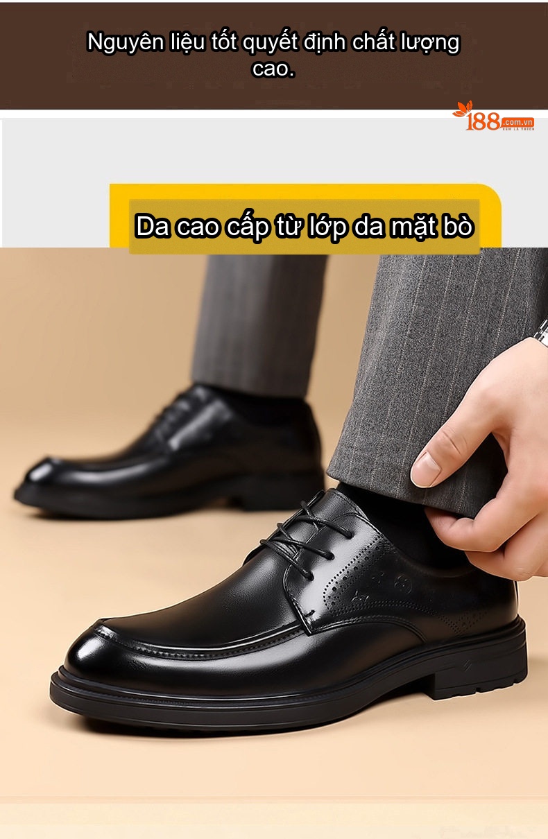 Giày Tây Buộc Dây Nam Da Bò Mềm Chiều Cao Đế Khoảng 3cm Màu Đen, Nâu chi tiết 7