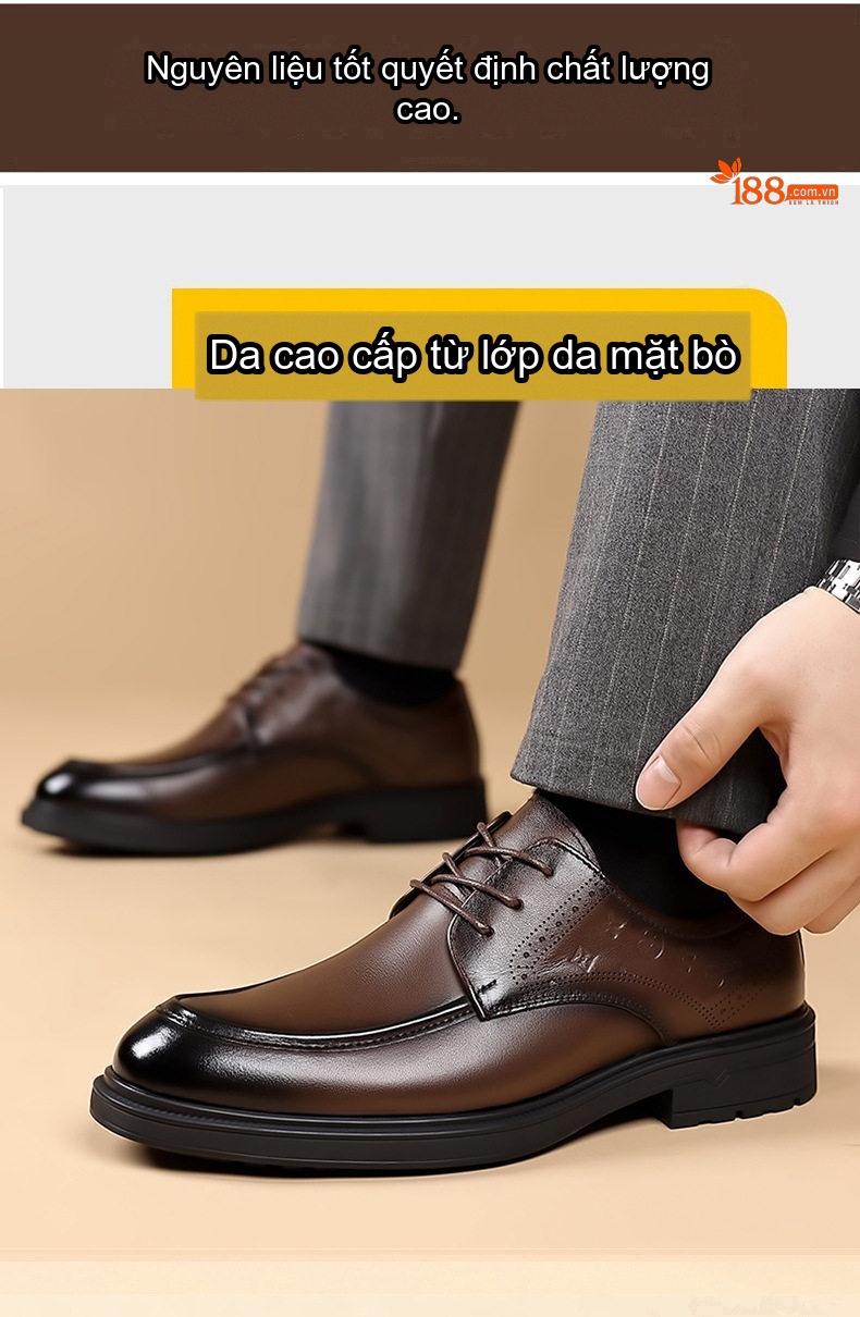 Giày Tây Buộc Dây Nam Da Bò Mềm Chiều Cao Đế Khoảng 3cm Màu Đen, Nâu chi tiết 8