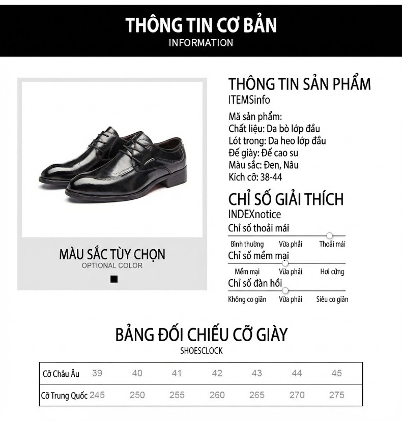 Giày Tây Buộc Dây Nam Da Bò Mũi Nhọn Chiều Cao Đế Khoảng 3cm Màu Đen chi tiết 9