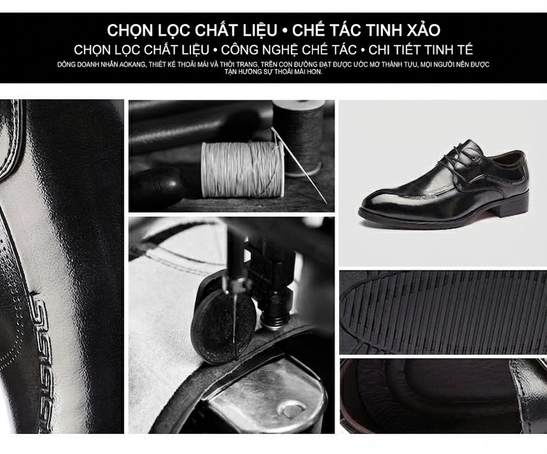 Giày Tây Buộc Dây Nam Da Bò Mũi Nhọn Chiều Cao Đế Khoảng 3cm Màu Đen chi tiết 3