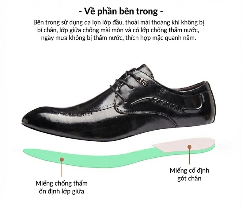 Giày Tây Buộc Dây Nam Da Bò Mũi Nhọn Chiều Cao Đế Khoảng 3cm Màu Đen chi tiết 4