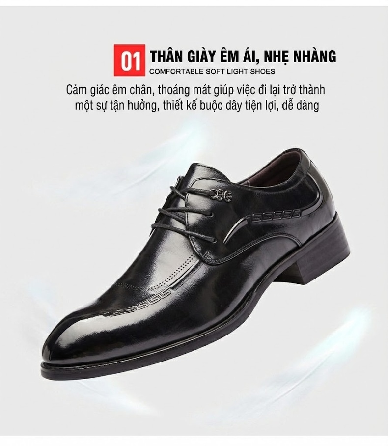 Giày Tây Buộc Dây Nam Da Bò Mũi Nhọn Chiều Cao Đế Khoảng 3cm Màu Đen chi tiết 6