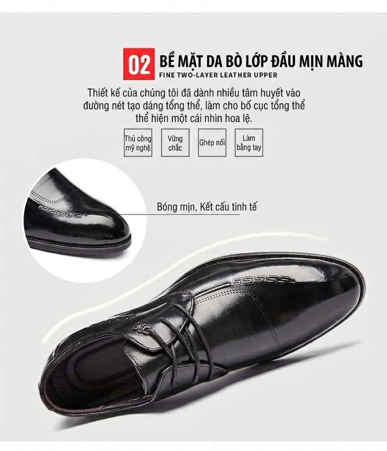 Giày Tây Buộc Dây Nam Da Bò Mũi Nhọn Chiều Cao Đế Khoảng 3cm Màu Đen chi tiết 7