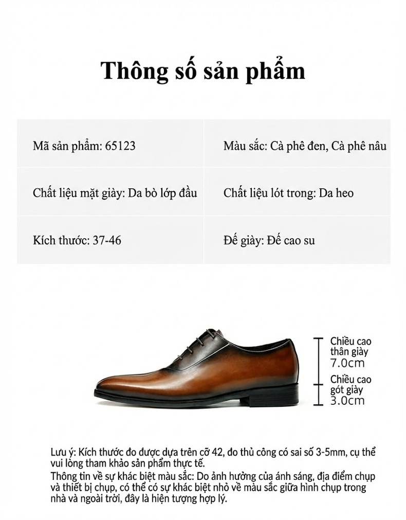 Giày Tây Buộc Dây Nam Da Bò Mũi Nhọn Chiều Cao Đế Khoảng 3cm Màu Đen, Nâu chi tiết 2