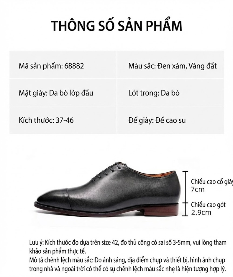 Giày Tây Buộc Dây Nam Da Bò Mũi Nhọn Chiều Cao Đế Khoảng 3cm Màu Đen, Nâu chi tiết 2