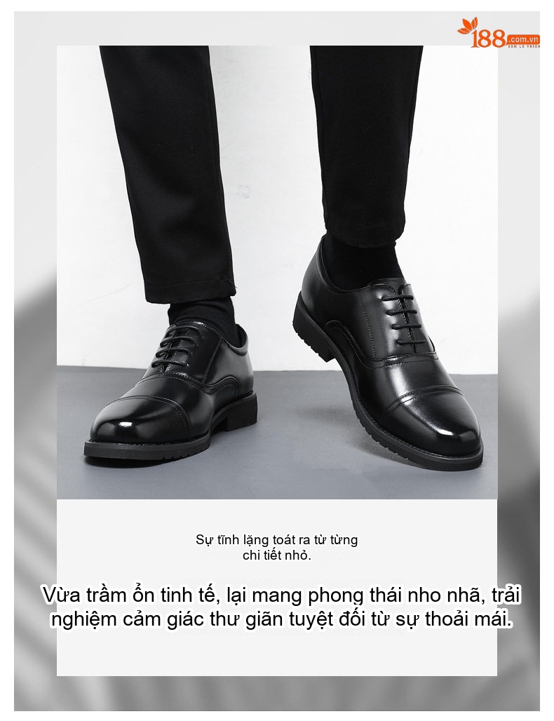 Giày Tây Buộc Dây Nam Da Bò Phong Cách Anh Chiều Cao Đế Khoảng 3cm Màu Đen chi tiết 5