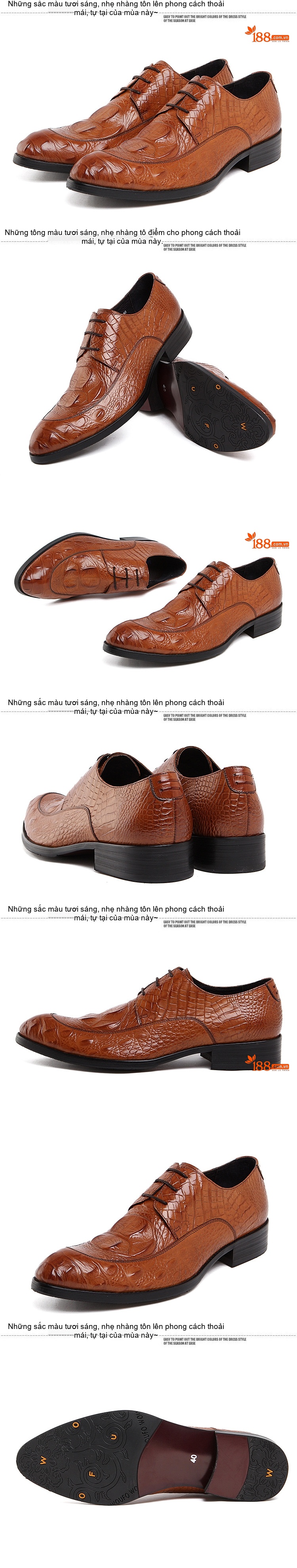 Giày Tây Buộc Dây Nam Da Bò Vân Cá Sấu Chiều Cao Đế Khoảng 3cm Màu Đen, Nâu, Đỏ Rượu chi tiết 2