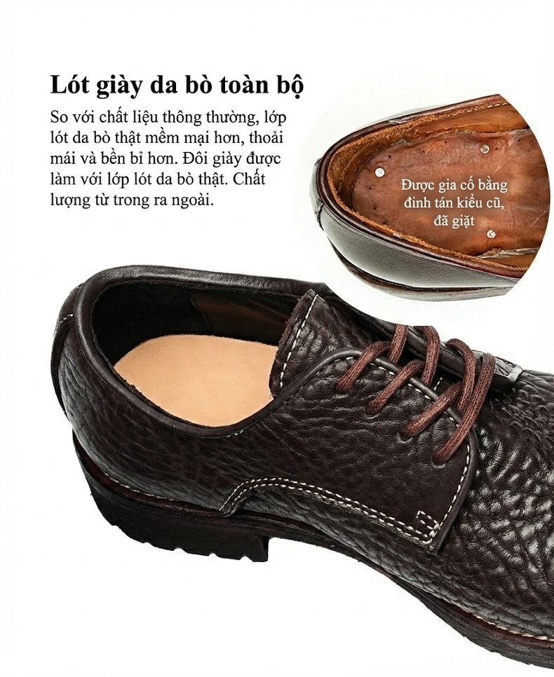 Giày Tây Buộc Dây Nam Da Bò Vân Sần Chiều Cao Đế Khoảng 3cm Màu Đen, Nâu chi tiết 35