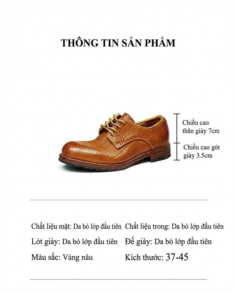 Giày Tây Buộc Dây Nam Da Bò Vân Sần Chiều Cao Đế Khoảng 3cm Màu Đen, Nâu chi tiết 22