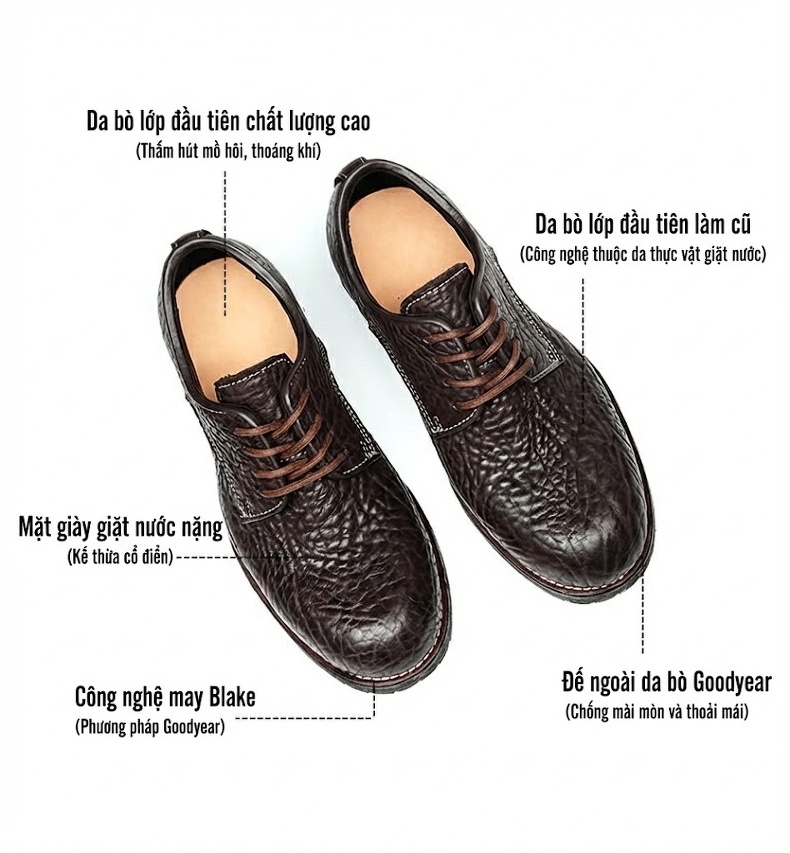 Giày Tây Buộc Dây Nam Da Bò Vân Sần Chiều Cao Đế Khoảng 3cm Màu Đen, Nâu chi tiết 30