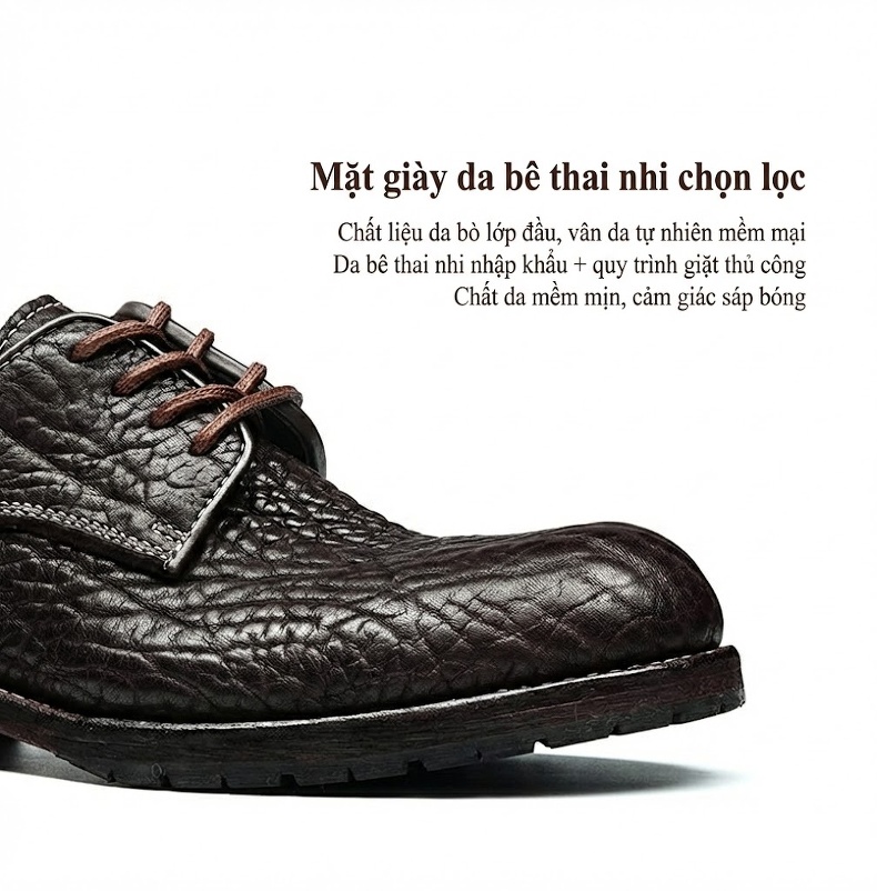 Giày Tây Buộc Dây Nam Da Bò Vân Sần Chiều Cao Đế Khoảng 3cm Màu Đen, Nâu chi tiết 34