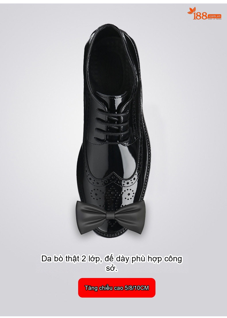Giày Tây Buộc Dây Nam Da Bóng Brogue Chiều Cao Đế 5cm Tăng Chiều Cao 8cm Màu Đen chi tiết 9