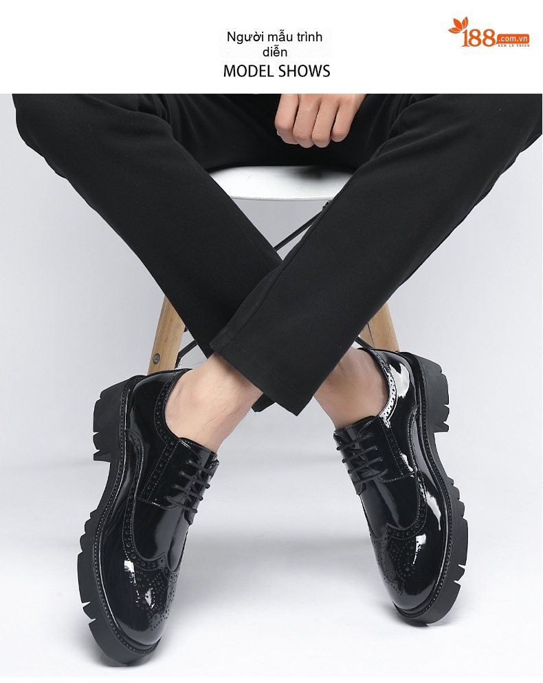 Giày Tây Buộc Dây Nam Da Bóng Brogue Chiều Cao Đế 5cm Tăng Chiều Cao 8cm Màu Đen chi tiết 13