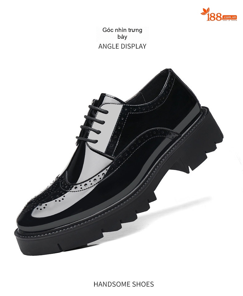 Giày Tây Buộc Dây Nam Da Bóng Brogue Chiều Cao Đế 5cm Tăng Chiều Cao 8cm Màu Đen chi tiết 15