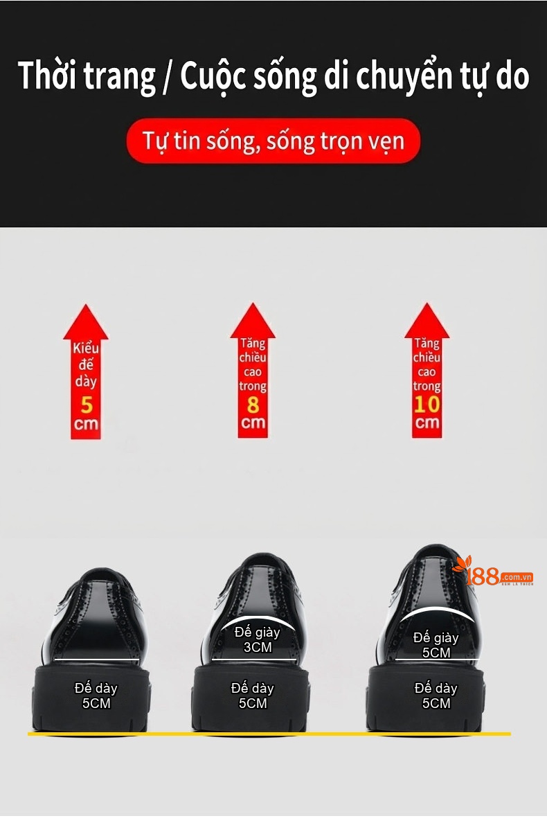 Giày Tây Buộc Dây Nam Da Bóng Brogue Chiều Cao Đế 5cm Tăng Chiều Cao 8cm Màu Đen chi tiết 7