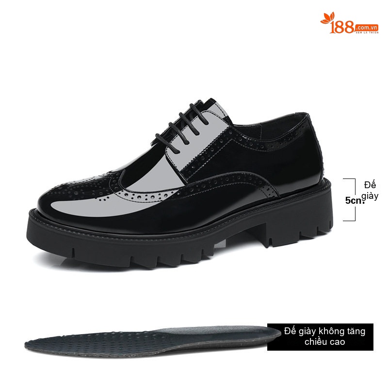 Giày Tây Buộc Dây Nam Da Bóng Brogue Chiều Cao Đế 5cm Tăng Chiều Cao 8cm Màu Đen