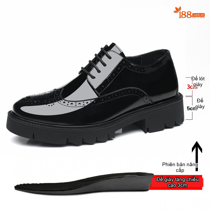 Giày Tây Buộc Dây Nam Da Bóng Brogue Chiều Cao Đế 5cm Tăng Chiều Cao 8cm Màu Đen