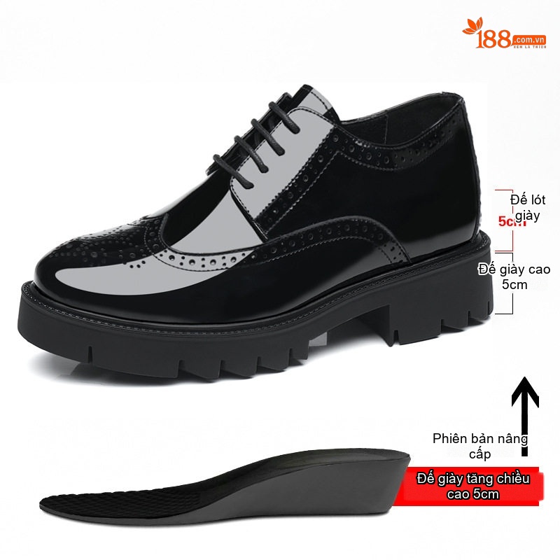 Giày Tây Buộc Dây Nam Da Bóng Brogue Chiều Cao Đế 5cm Tăng Chiều Cao 8cm Màu Đen