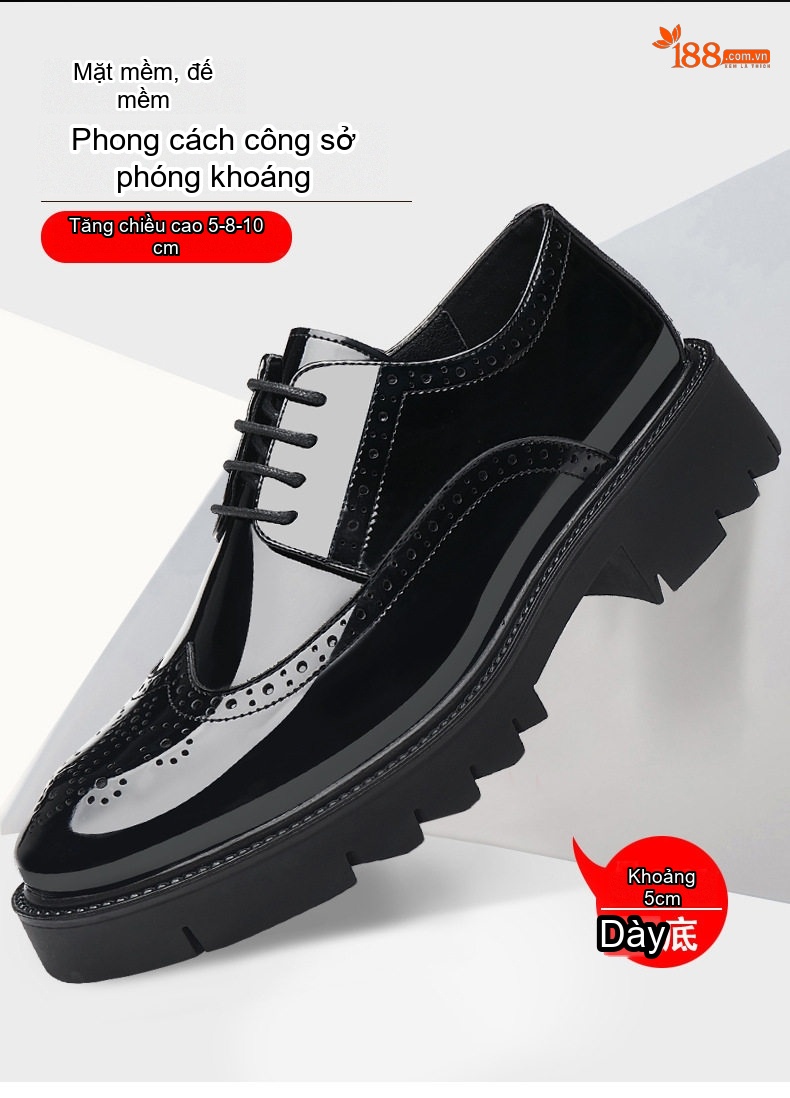 Giày Tây Buộc Dây Nam Da Bóng Brogue Chiều Cao Đế 5cm Tăng Chiều Cao 8cm Màu Đen chi tiết 3