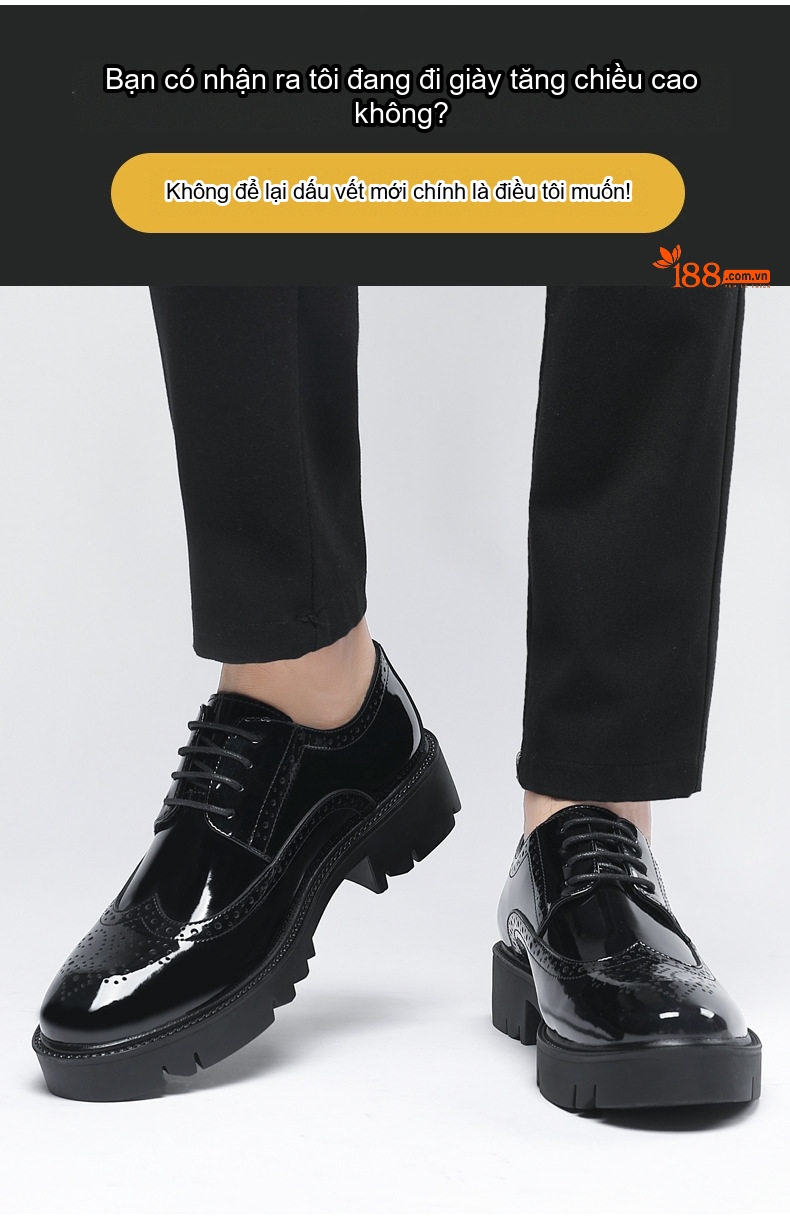 Giày Tây Buộc Dây Nam Da Bóng Brogue Chiều Cao Đế 5cm Tăng Chiều Cao 8cm Màu Đen chi tiết 5