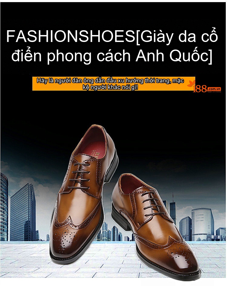 Giày Tây Buộc Dây Nam Da Bóng Brogue Chiều Cao Đế Khoảng 3cm Màu Đen, Nâu chi tiết 3