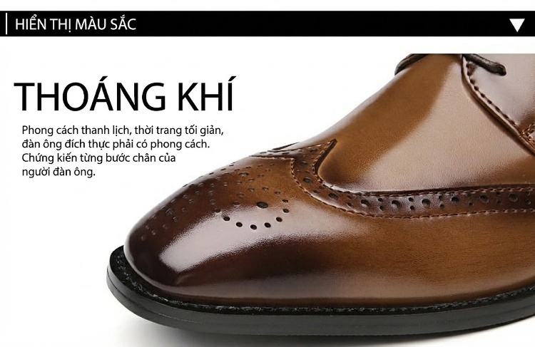 Giày Tây Buộc Dây Nam Da Bóng Brogue Chiều Cao Đế Khoảng 3cm Màu Đen, Nâu chi tiết 6