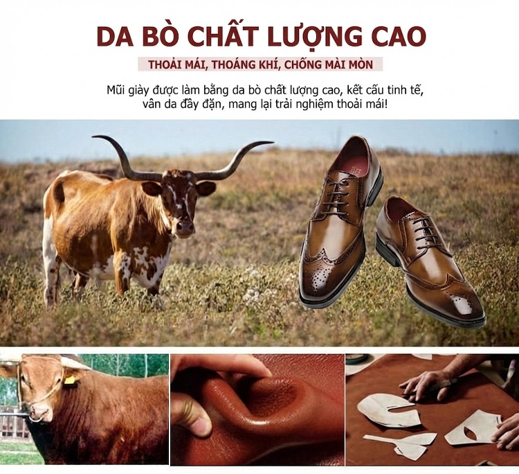 Giày Tây Buộc Dây Nam Da Bóng Brogue Chiều Cao Đế Khoảng 3cm Màu Đen, Nâu chi tiết 8