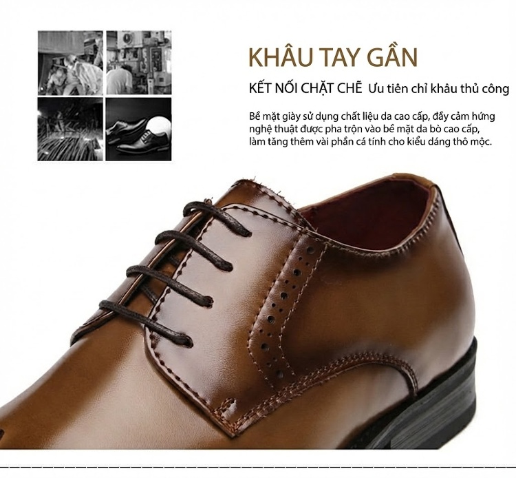 Giày Tây Buộc Dây Nam Da Bóng Brogue Chiều Cao Đế Khoảng 3cm Màu Đen, Nâu chi tiết 10