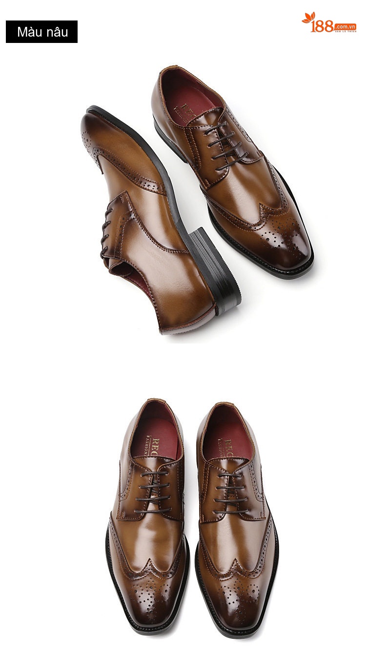 Giày Tây Buộc Dây Nam Da Bóng Brogue Chiều Cao Đế Khoảng 3cm Màu Đen, Nâu chi tiết 16